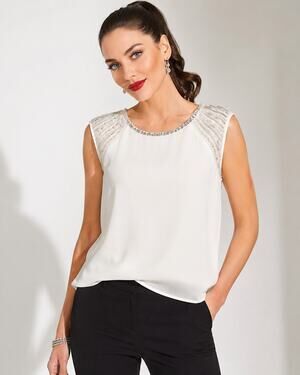 White House Black Market White Bead Embelished Blouse Top